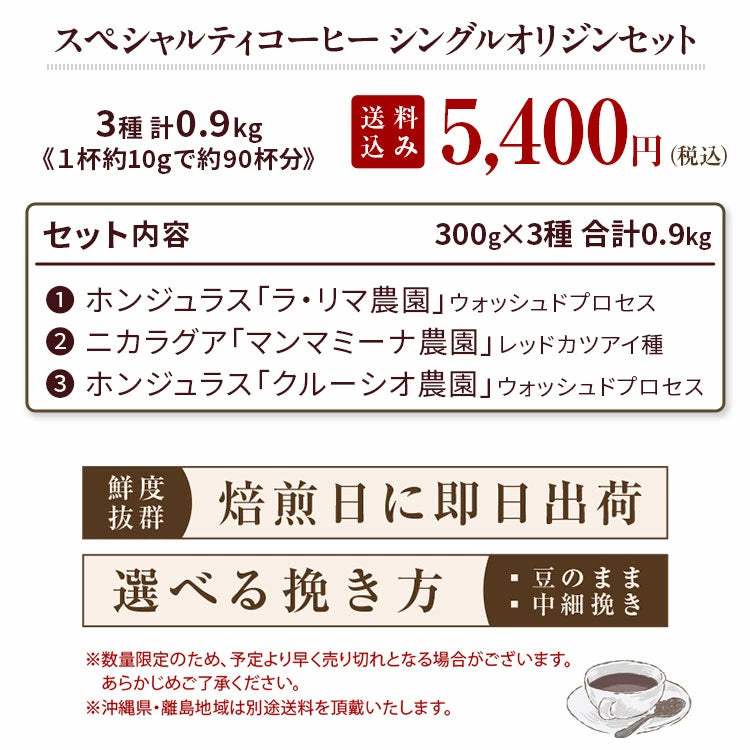 スペシャルティコーヒー シングルオリジンセット【300g×3パック】0.9kg【送料込み】【水曜焙煎】
